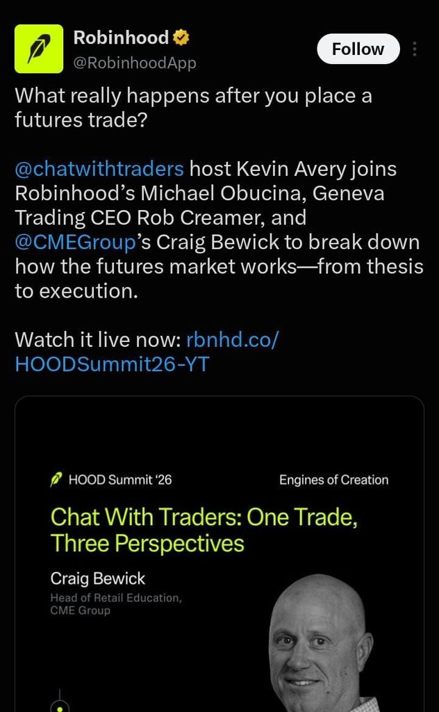 Robinhood official X post about futures market mechanics and execution summit